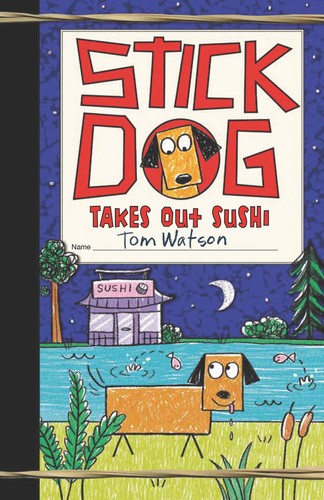 Stick dog takes out sushi - out, sushi: